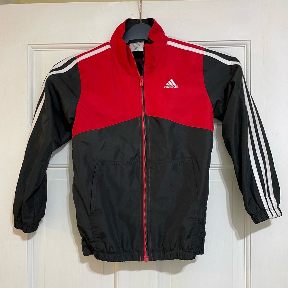 Adidas boys size 7 black and red nylon full zip track jacket